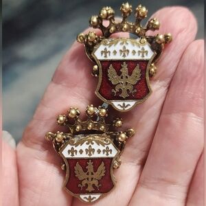 Coro Unsigned Heraldic Crowned Shield Guilloche Enamel Eagle Earrings
